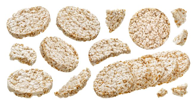 Puffed rice bread isolated on white background, crushed diet crispy round rice waffles