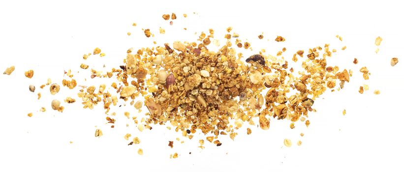 Pile of granola isolated on white background with clipping path, muesli with nuts