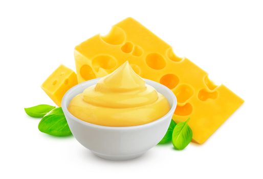Cheese sauce isolated on white background with clipping path, triangle of cheese, concept for packaging