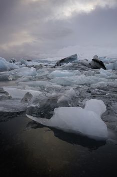 Glacial ice blocks in calm water in Jokulsarlon lake, Iceland