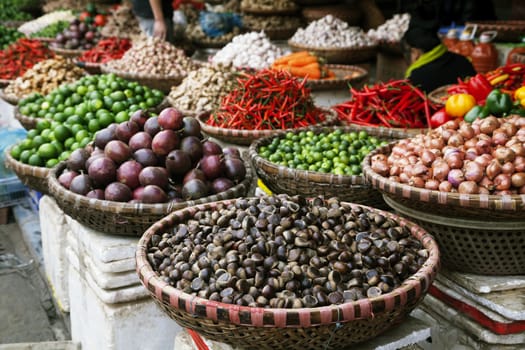 Fruits and spices at a market in Hanoi, Vietnam