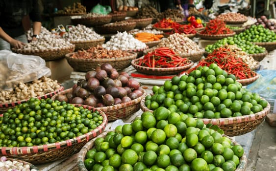 Fruits and spices at a market in Hanoi, Vietnam