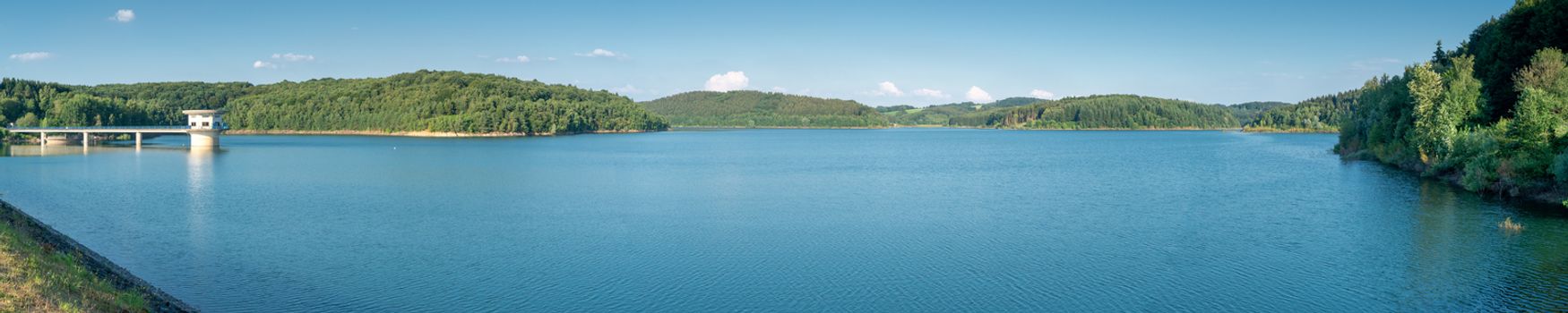 Panoramic view to te large water reservoir of Dhuenn river, Odenthal, Germany