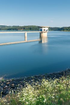 Panoramic view to te large water reservoir of Dhuenn river, Odenthal, Germany