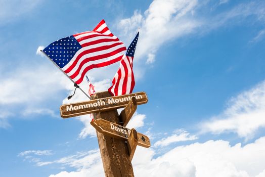 American flags waving from the top of Mammoth Mountain, Mammoth Lakes, California