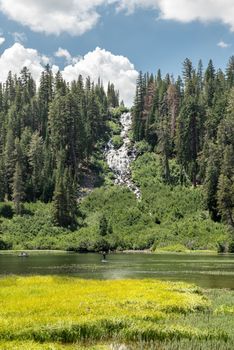 View of Twin Falls from Twin Lakes in Mammoth Lakes, California