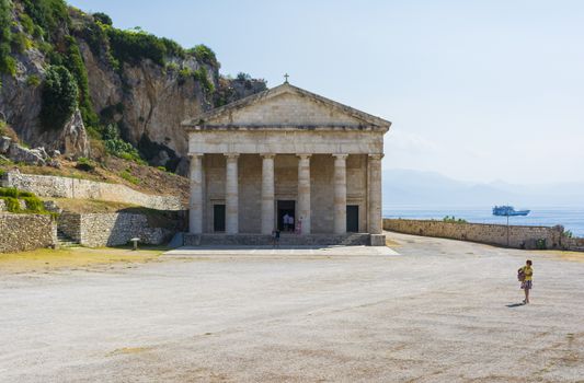 Corfu, Greece - August 25, 2018: View of Corfu old fortress with the orthodox church of Saint George.