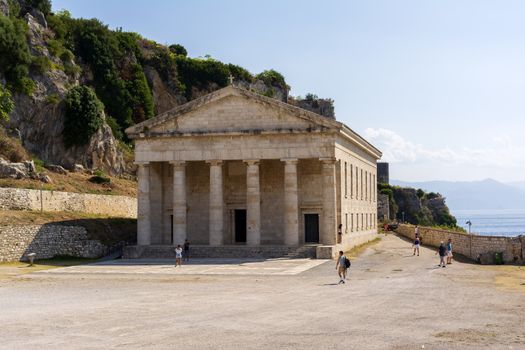 Corfu, Greece - August 25, 2018: View of Corfu old fortress with the orthodox church of Saint George.