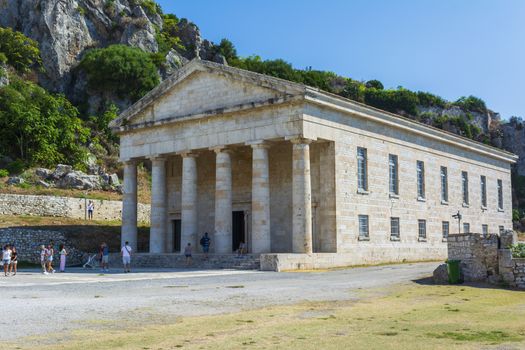 Corfu, Greece - August 25, 2018: View of Corfu old fortress with the orthodox church of Saint George.