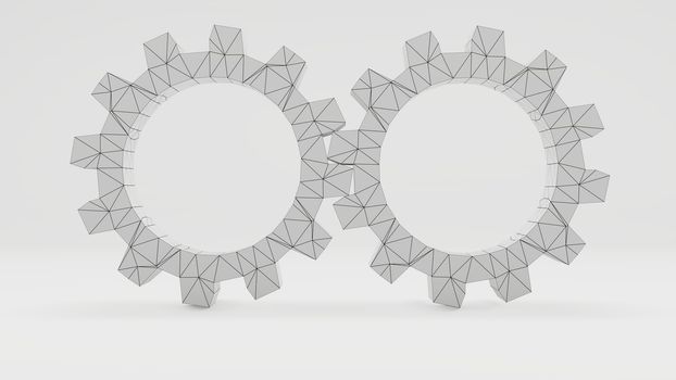 Two 3d gears with a wire-frame texture in a white photo studio. 3d illustration. Concept background for your design