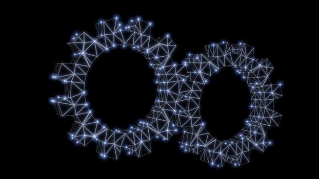 Wire-frame gear with luminous dots. 3d illustration. Abstract background