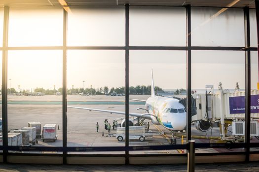 Phuket, Thailand - November 30, 2018: Bangkok Air Airplane in Phuket International Airport is an Airport Serving Phuket Province of Thailand at evening, Thailand.