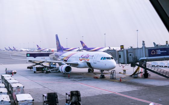 Bangkok, Thailand - November 30, 2018 : View from Terminal Building Suvarnabhumi International Airport of Thai Smile Airplane Landing in Bangkok. Thailand.