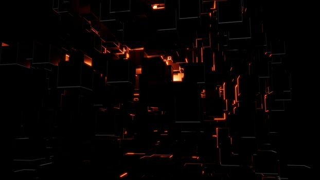 Abstract background consisting of dark cubes and bright red flashes. Visual high detail. The concept of new technologies, virtual space, the future. 3d illustration