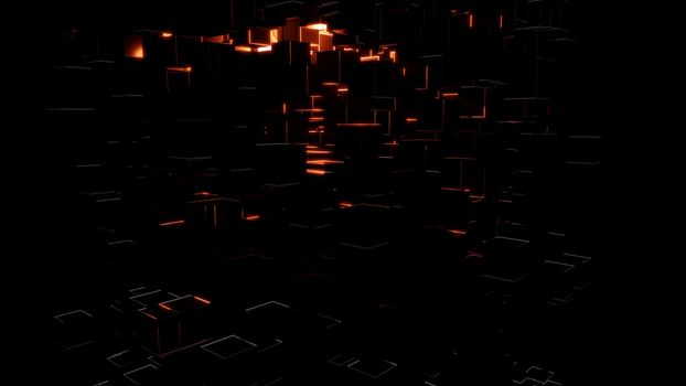 Abstract background consisting of dark cubes and bright red flashes. Visual high detail. The concept of new technologies, virtual space, the future. 3d illustration