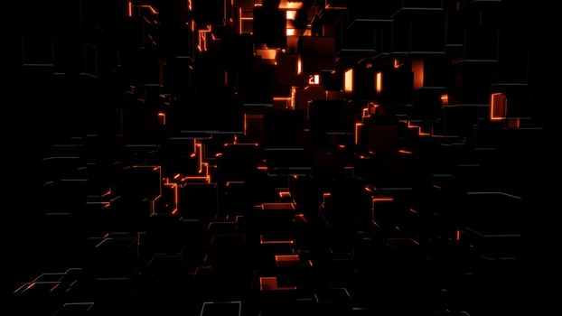 Abstract background consisting of dark cubes and bright red flashes. Visual high detail. The concept of new technologies, virtual space, the future. 3d illustration