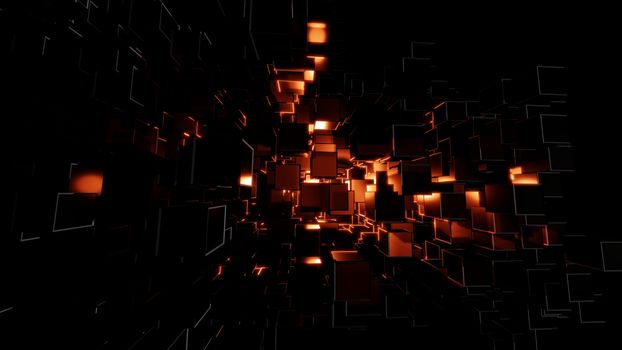 Abstract background consisting of dark cubes and bright red flashes. Visual high detail. The concept of new technologies, virtual space, the future. 3d illustration