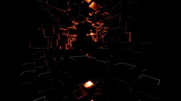 Abstract background consisting of dark cubes and bright red flashes. Visual high detail. The concept of new technologies, virtual space, the future. 3d illustration