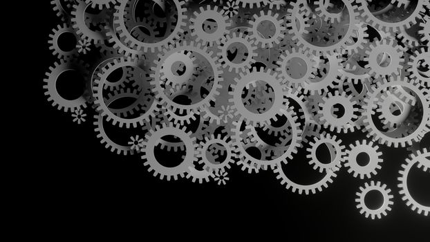 Abstract Background Consisting of White Gears on Dark. 3D Illustration. Infustrial Design Background. Teamwork Concept