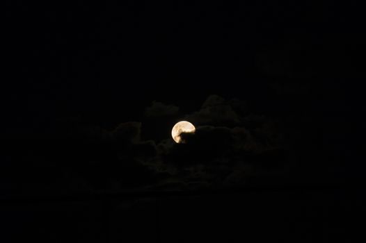 The moon behind clouds over a dark sky