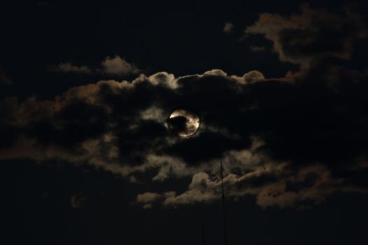 The moon behind clouds over a dark sky