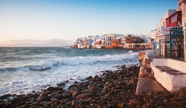 little venice at sunset, mykonos, Greece - luxury travel destiation - greek islands