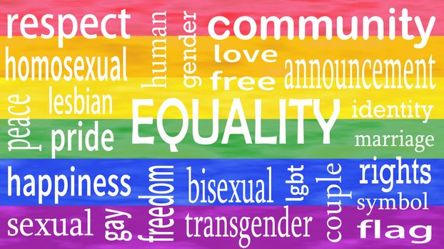 Illustration of Equality word lettering isolated on lgbt flag colors background.