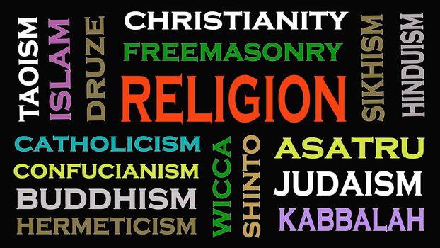 Religion concept word cloud on black background.