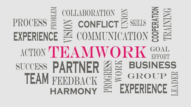Teamwork word cloud concept on gray background.