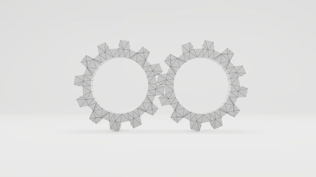 Two 3d gears with a wire-frame texture in a white photo studio. 3d illustration. Concept background for your design