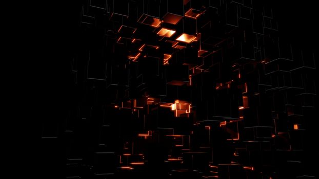 Abstract background consisting of dark cubes and bright red flashes. Visual high detail. The concept of new technologies, virtual space, the future. 3d illustration