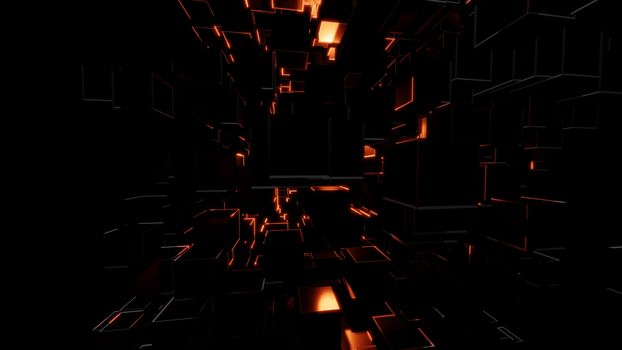 Abstract background consisting of dark cubes and bright red flashes. Visual high detail. The concept of new technologies, virtual space, the future. 3d illustration