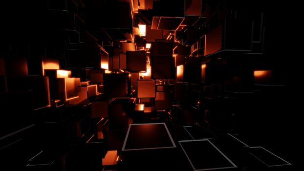 Abstract background consisting of dark cubes and bright red flashes. Visual high detail. The concept of new technologies, virtual space, the future. 3d illustration