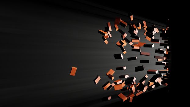 Destruction of a brick wall. Bricks fly out of holes in the wall. Visible light shines through the hole. 3d illustration. The concept of a new, the concept of achieving the goal or success