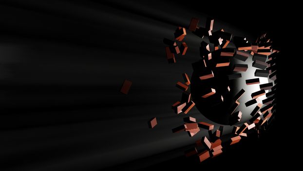 A large black ball smashed a brick wall. Visible light from the hole. 3d illustration. The concept of breaking down barriers, overcoming difficulties and success.