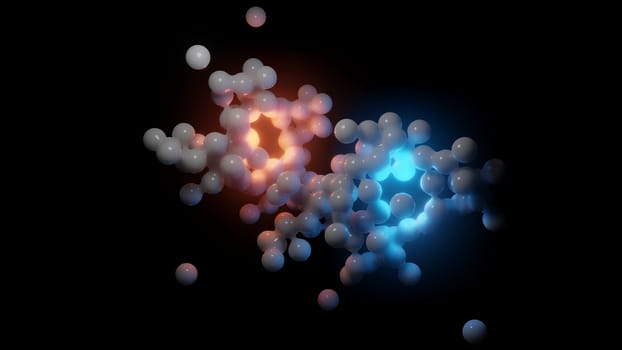 White chaotic spheres and flashes of red and blue light. Abstract 3d illustration for your design