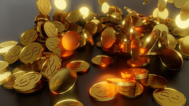 Falling gold coins. The concept of success, making money, winning. 3d illustration