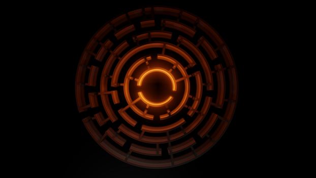 3D circular maze with a bright red flash on a dark background. Business concept. 3d illustration. Top view
