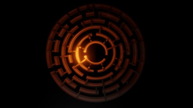 3D circular maze with a bright red flash on a dark background. Business concept. 3d illustration. Top view