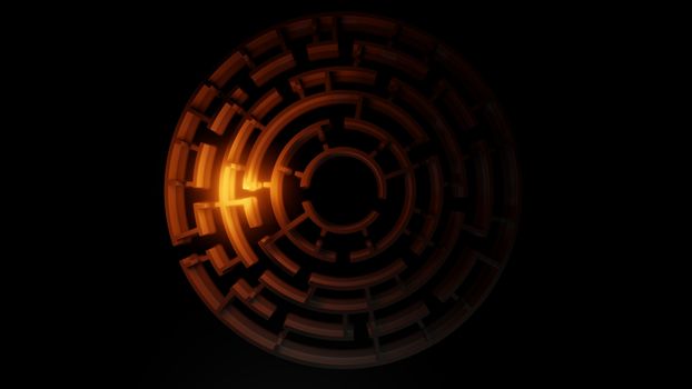 3D circular maze with a bright red flash on a dark background. Business concept. 3d illustration. Top view