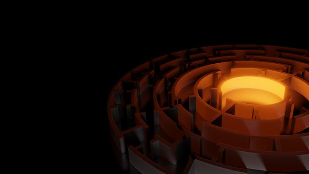 3D circular maze with a bright red flash on a dark background. Business concept. 3d illustration