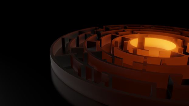 3D circular maze with a bright red flash on a dark background. Business concept. 3d illustration