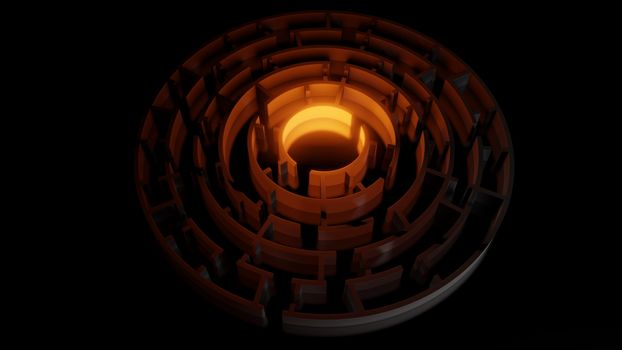 3D circular maze with a bright red flash on a dark background. Business concept. 3d illustration