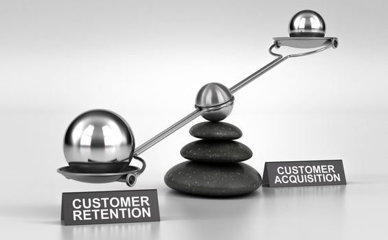 3D illustration of a conceptual scale made with pebbles and two possibilities customer retention or acquisition