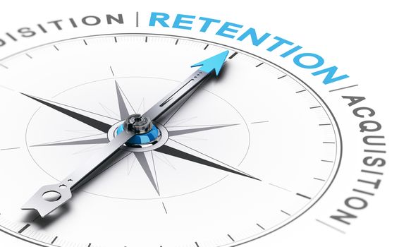 3D illustration of a conceptual compass with needle pointing the word retention instead of acquisition