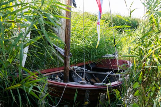 Wooden boat on the shore of a lake in the reeds              