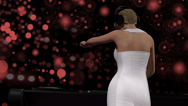 Young blonde woman dj playing music. DJ mixer on table. - 3D rendering