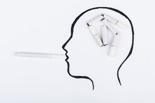 Human head hand drawing with cigarette in the mouth thinking to quit 