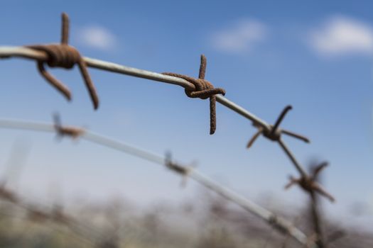 Old rusty Barbed wire closeup country borders with blue sky and white clouds