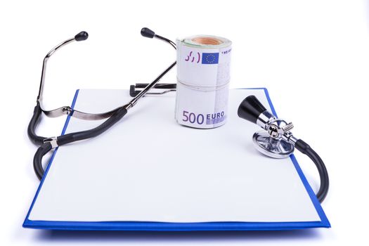 Blue clipboard with black stethoscope  and euro banknotes isolated on white background